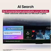LG TV LG NanoCell AI 65'' │ UHD 4K │ Procesador Alpha 7 4K Gen8, Un primer plano de la pantalla de una LG TV en la que se muestra cómo funciona AI Search. Hay una pequeña ventana de chat abierta que muestra cómo el usuario preguntó qué eventos deportivos están disp, 65NANO80ASA, thumbnail 11